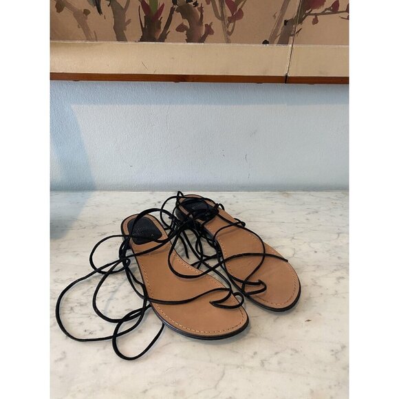 Stuart Weitzman Nieta Shoes Womens Size 8.5 Tan Black Lace Up Flat Leather Sanda - Picture 2 of 6